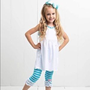 Ruffle Girl White & Aqua Ruffle Legging Capri Set